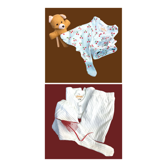 Set of 2 Combo White Stripes & Teal Blue Cherry Sleep Suits with Hat
