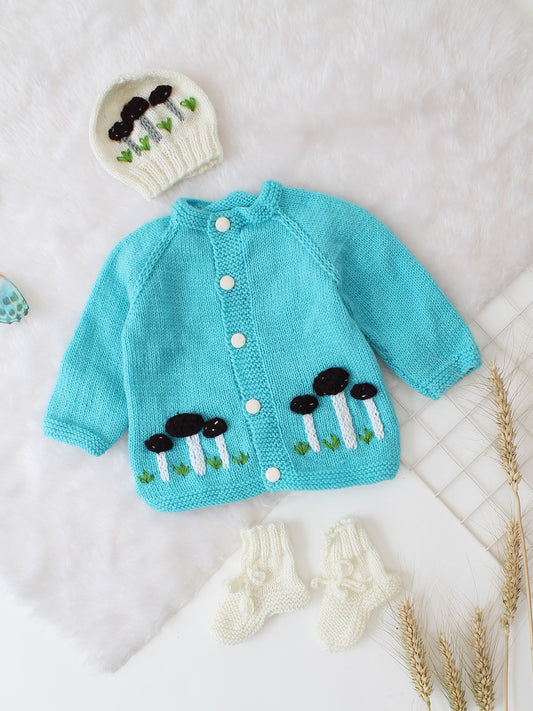 Blue Mushroom Applique Detail Cardigan Set