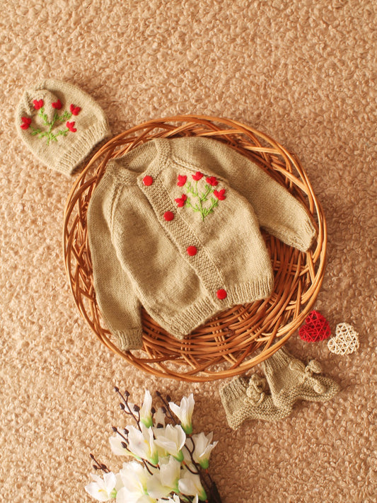 Hand-Knitted Red Flower Embroidery Cardigan Set